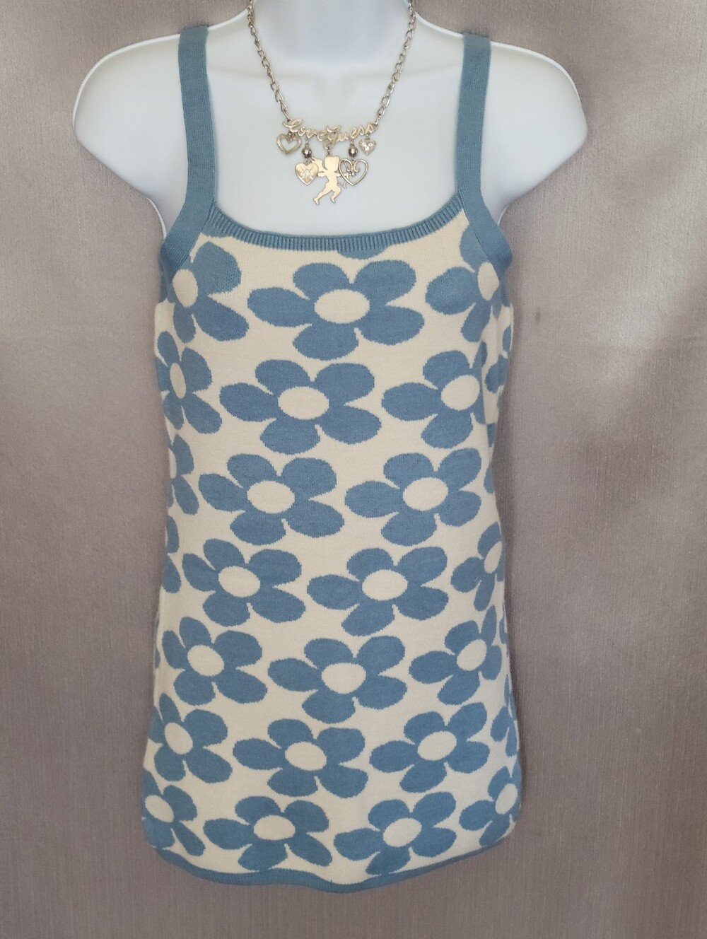 Blue & Cream Floral Knit Tank Top